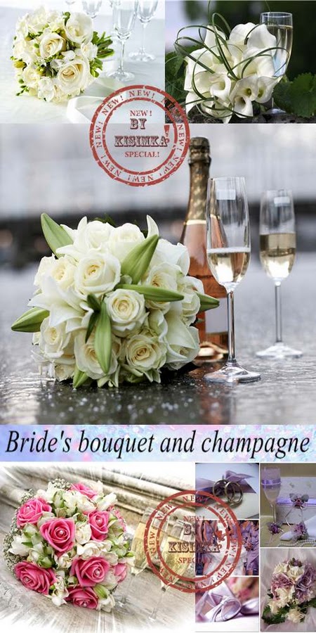 Stock Photo: Bride's bouquet and champagne